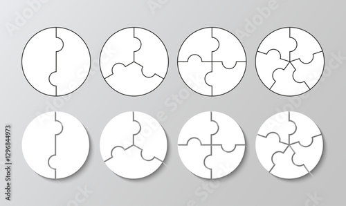 Jigsaw pieces grid. Circular puzzle. Thinking mosaic game with 2, 3, 4 and 5 shapes. Circular puzzle. Round laser cut frame. Simple background with separate details. Vector illustration.