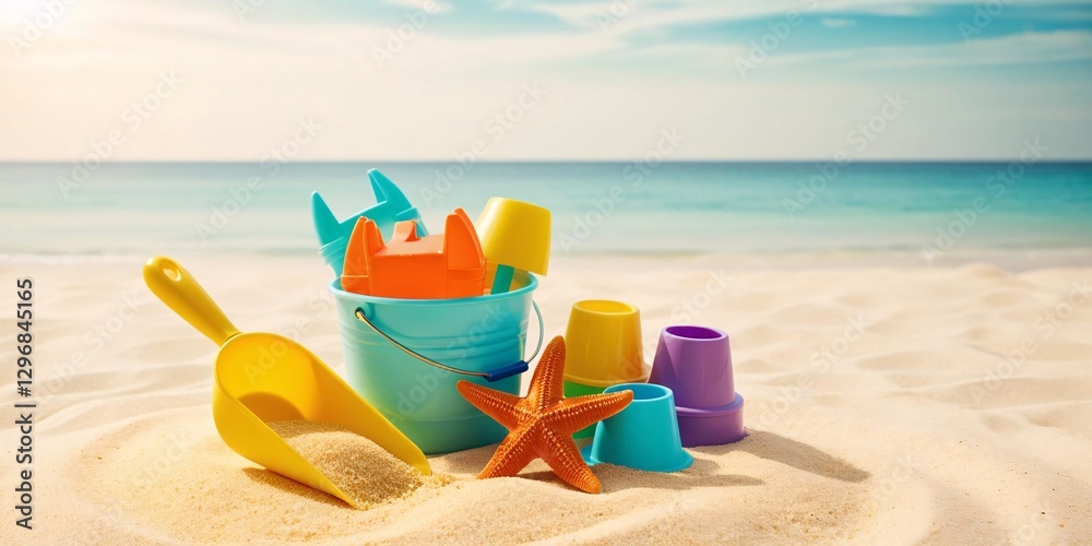 Sunny Beach Day: Colorful sand toys, a starfish, and a tranquil ocean backdrop create a perfect summer scene. Pure beach bliss! Sunny Beach Day: Colorful sand toys, a starfish, and a tranquil ocean backdrop create a perfect summer scene. Pure beach bliss!
