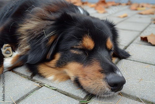 A peaceful dog lies on the pavement, resting with its eyes closed, surrounded by fallen leaves.
