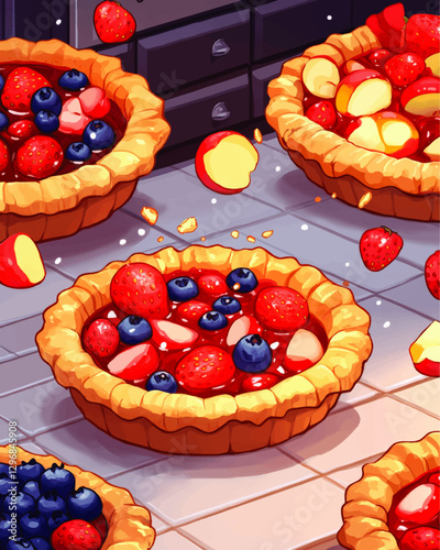 Vibrant Fruit Pies Vector Art: Delicious Blueberry, Strawberry, Apple Tart Illustrations on Kitchen Countertop - Colorful Dessert and Baking Graphic