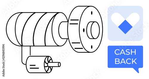 Mechanical gear system with cash back message balloon and geometric heart shape. Ideal for technology, engineering, manufacturing, incentives, rewards programs, mechanics, online shopping. Abstract