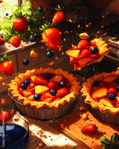 Delicious Summer Berry Pie Vector Image: Fresh Strawberries and Blueberries in a Rustic Kitchen Setting with Vibrant Colors for Perfect Dessert Art
