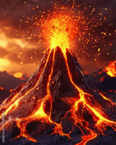 Explosive Volcano Eruption Vector Image with Flowing Lava and Ash Clouds - Dramatic Natural Disaster Illustration for Geological and Educational Use