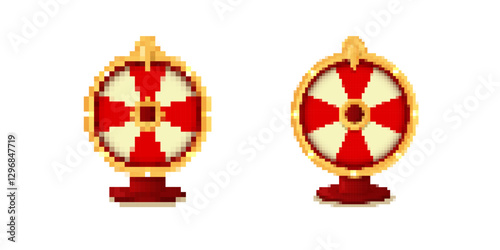 Bright pixel art icon of a fortune wheel. features a red and white pattern for games and apps.