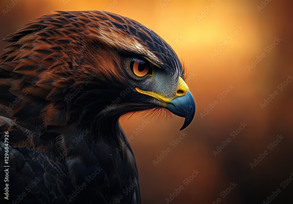 Obraz premium Majestic close-up of a golden eagle showcasing fierce gaze and intricate feather patterns against a warm orange sunset background