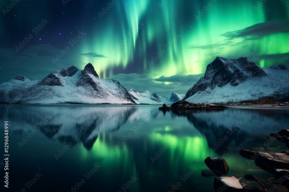 Naklejka premium Breathtaking arctic nightscape a serene lake reflects northern lights and modern outdoor luxury