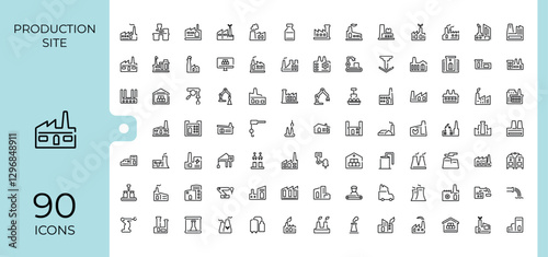 Factory icons set in linear style. Containing energy, equipment, warehouse, business, plan, mass, assembly and more. Icons for design. Editable stroke. Vector illustration.