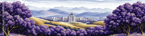 Scenic Vector Illustration of Lavish Purple Trees, Mountainous Horizon, and Urban Landscape - Ideal Nature and Cityscape Art for Decor and Design Use