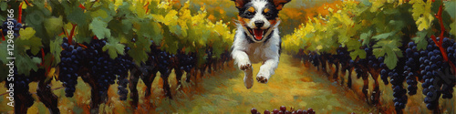 Energetic Dog Joyfully Running Through Vibrant Vineyard with Lush Green Leaves and Ripe Grapes - Captivating Vector Art Depicting Nature's Playful Essence