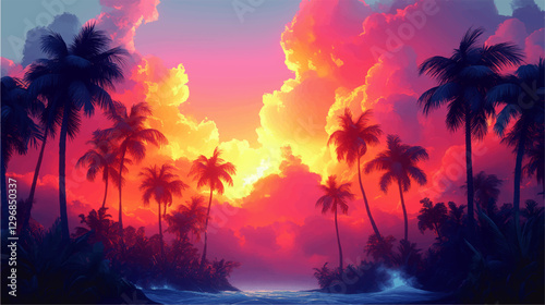 Stunning Tropical Sunset Vector Art with Vibrant Palm Trees and Ocean Waves in a Colorful Sky – Perfect Tropical Paradise Background for Design Projects