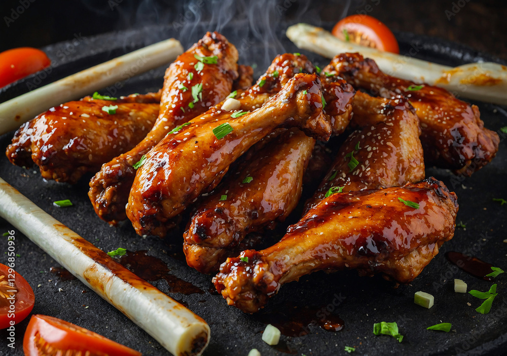 Naklejka premium Spicy Glazed Chicken Wings with Fresh Herbs Garnish