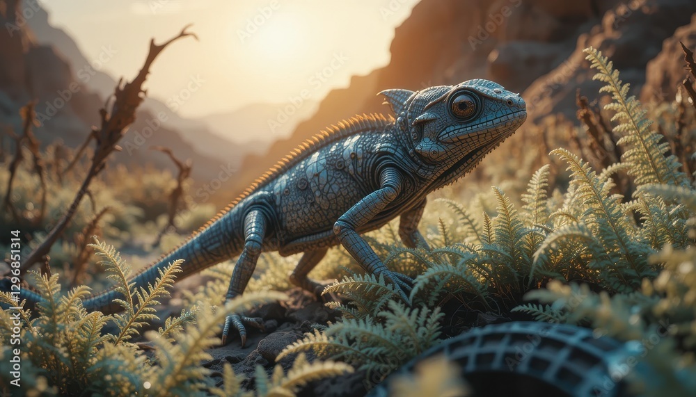 A Metallic Lizard in a Desert Landscape at Sunset A Digital 3D Render of a Reptilian Creature A Metallic Lizard in a Desert Landscape at Sunset A Digital 3D Render of a Reptilian Creature