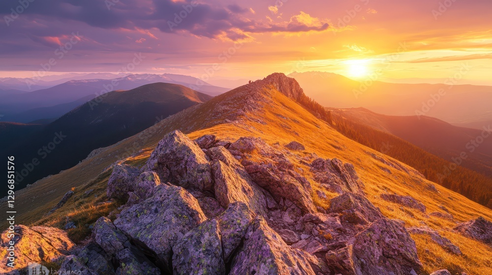 Obraz premium The Mountain Ridge Landscape At Golden Hour Sunset Sky