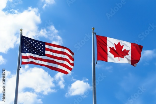 Us and canadian flags waving on flagpoles on a beautiful sunny day. Symbolizing international relations cooperation, and diplomacy photo