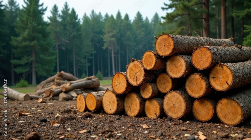 A Stack of Newly Harvested Timber Logs in a Coniferous Forest Setting A Stack of Newly Harvested Timber Logs in a Coniferous Forest Setting