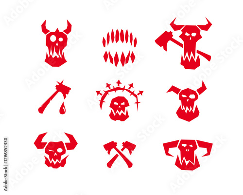 A minimalistic red icon of an orc warrior with horns, a skeletal face, and crossed axes, symbolizing brutality, fantasy battles, and savage creatures.