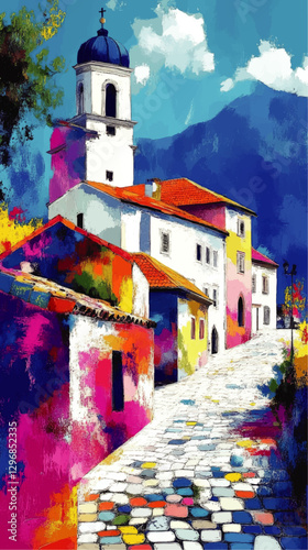 Vibrant Mediterranean Village with Colorful Buildings and Stone Pathway Under Blue Sky - Vector Art of Serene Architectural Landscape with Church Dome