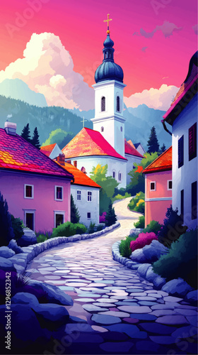 Charming Village Landscape Vector with Picturesque Church, Cobblestone Path, Colorful Houses, Lush Greenery, Blue Skies, and Sunset-Tinted Horizon