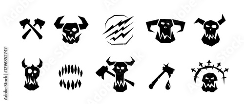 A brutal orc warrior icon featuring a skeletal face, horns, and battle axes, symbolizing savagery, war, and monster-themed fantasy games.