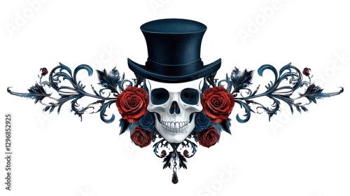 Skull wearing a top hat surrounded by a lush ornate floral arrangement in a dark gothic style  This moody haunting and captivating image evokes a sense of mystery melancholy and the macabre