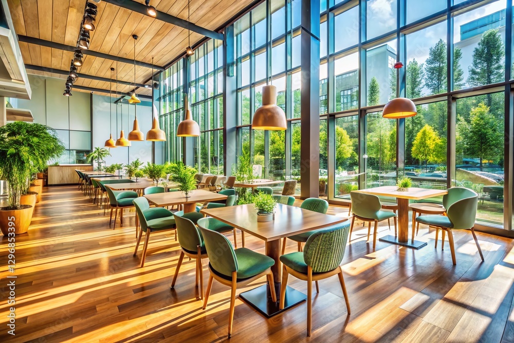 Naklejka premium Stylish Glass Tables & Wooden Chairs in a Spacious & Inviting Cafeteria