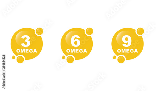 Omega 3, 6, 9 fatty acids. Three drops of polyunsaturated fatty acids. Vector illustration.