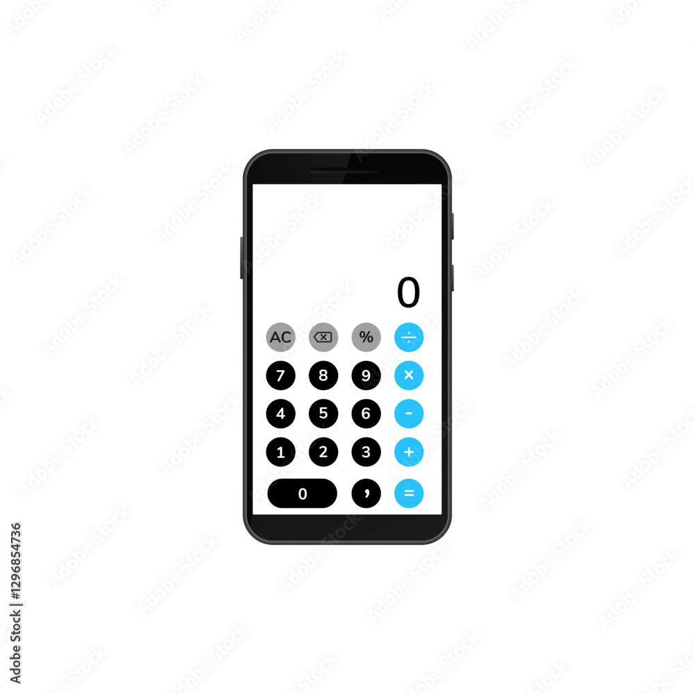A smartphone screen shows a calculator app with number keys and basic arithmetic function buttons. A smartphone screen shows a calculator app with number keys and basic arithmetic function buttons.