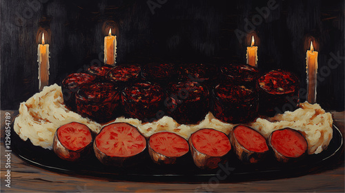 Elegant Candlelit Dinner Scene with Beefsteak, Mashed Potatoes, and Lit Candles Creating a Warm Ambiance, Perfect for Romantic Evening or Special Occasions