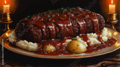 Delicious Meatloaf with Mashed Potatoes and Gravy on Elegant Dinner Plate with Candlelit Ambiance - Perfect Comfort Food for Cozy Dinner Gatherings