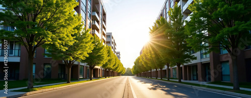 Wide asphalt road runs between modern apartment buildings. Green trees line both sides of road creating tranquil urban landscape. Bright sunlight illuminates scene creating warm summer day