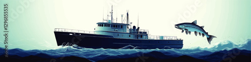 Wallpaper Mural Dynamic Vector Art of a Fishing Boat Navigating Ocean Waves with a Leaping Fish, Showcasing Marine Life and Nautical Adventure Environment in Blue Tones Torontodigital.ca