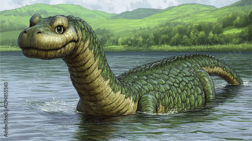 Vector Art of Loch Ness Monster in Serene Lake with Rolling Hills | Detailed Dragon-like Creature in Nature | Imaginative Mythical Illustration