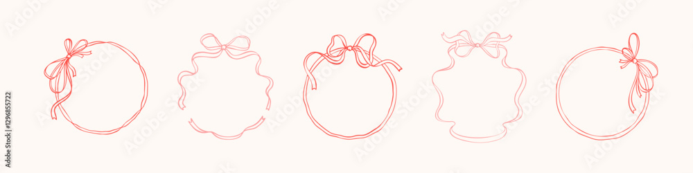 Set of circle bow ribbon borders. Hand drawn coquettish vector illustration. Valentines day, bachelorette, birthday, Christmas, wedding invitation. Italian la dolce vita stile. Minimalist drawing Set of circle bow ribbon borders. Hand drawn coquettish vector illustration. Valentines day, bachelorette, birthday, Christmas, wedding invitation. Italian la dolce vita stile. Minimalist drawing