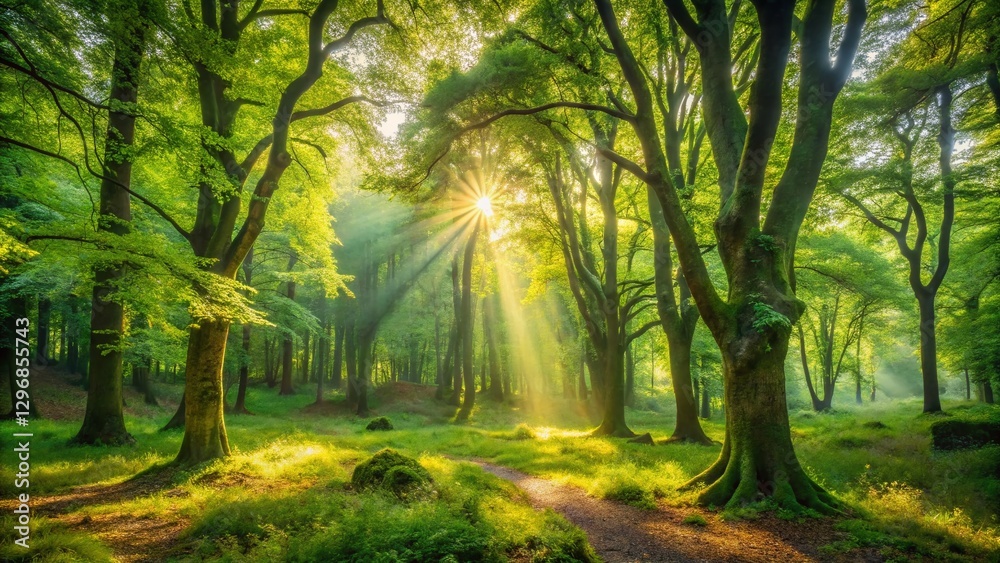 Obraz premium Sun-Dappled Forest Clearing, Southwest France: Peaceful Nature Scene