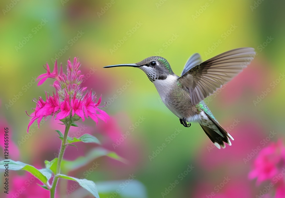 Obraz premium Captivating Hummingbird in Vibrant Garden, Delicately Approaching Pink Flower in Soft Natural Light, Showcasing Beauty of Nature in Blooming Landscape