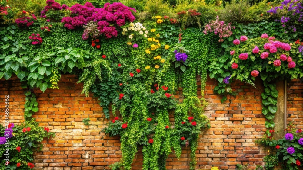 Overgrown brick wall with lush green vines and colorful flowers cascading down, botanical, architecture Overgrown brick wall with lush green vines and colorful flowers cascading down, botanical, architecture