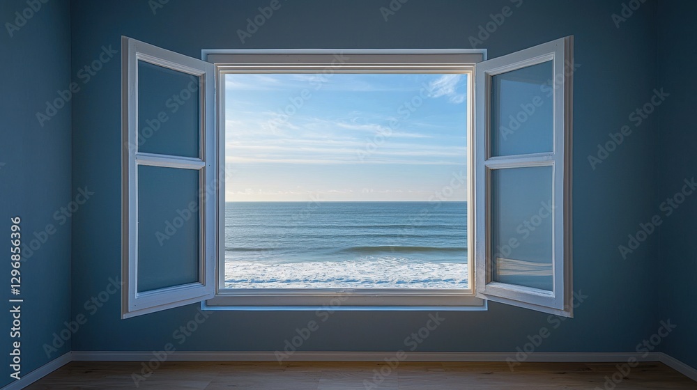 Serene View of Ocean Waves from Open Window in Blue Room Serene View of Ocean Waves from Open Window in Blue Room
