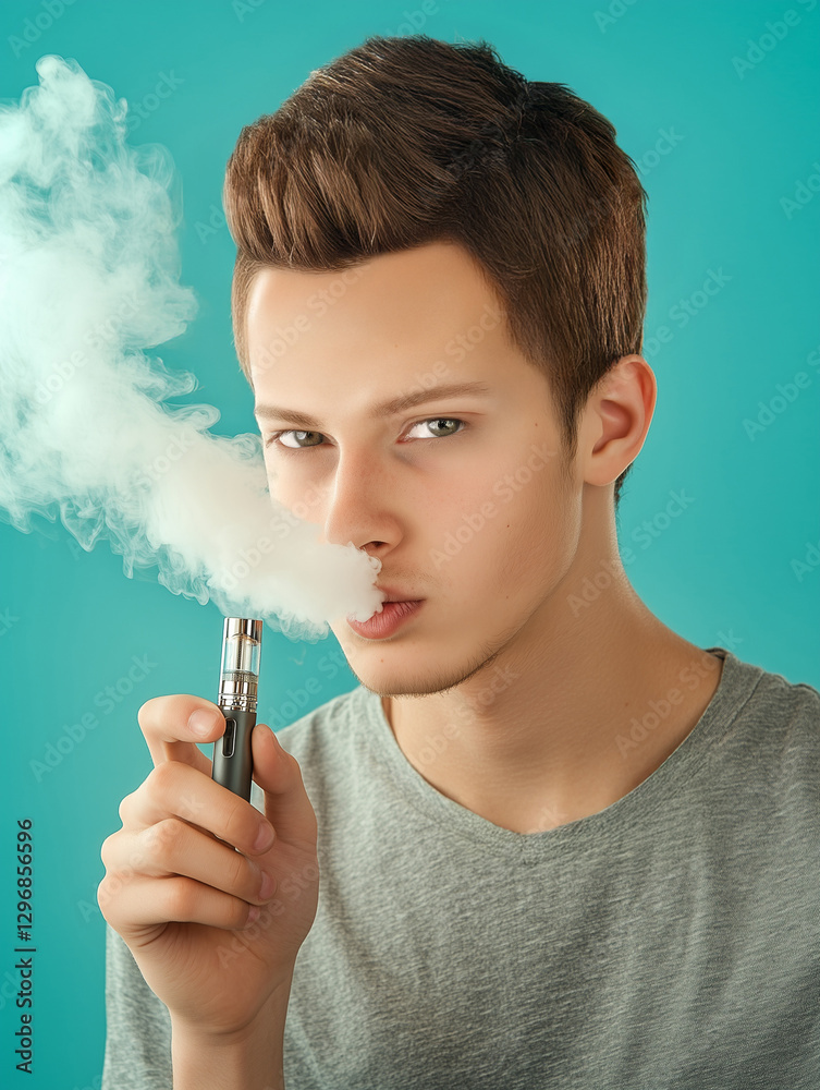 Fototapeta premium Close-up portrait of a young man smoking electronic cigarette, guy holding a vape device in his hand and exhaling white smoke, isolated on blue color background, looking at the camera, person vaping