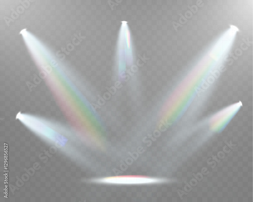 Realistic white and colorful spotlights with beams, reflections, and stage lighting effects on transparent background	