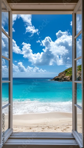 Breathtaking beach view from open window featuring turquoise waters and blue skies in stbarths