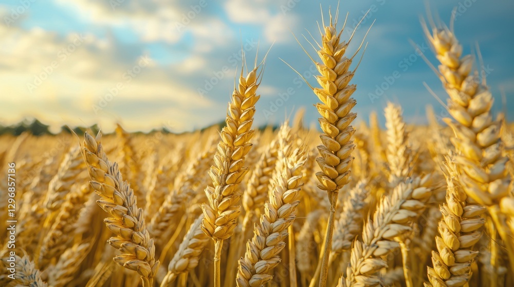 Fototapeta premium Close-up View of Golden Wheat Ears Against a Blue Sky Background