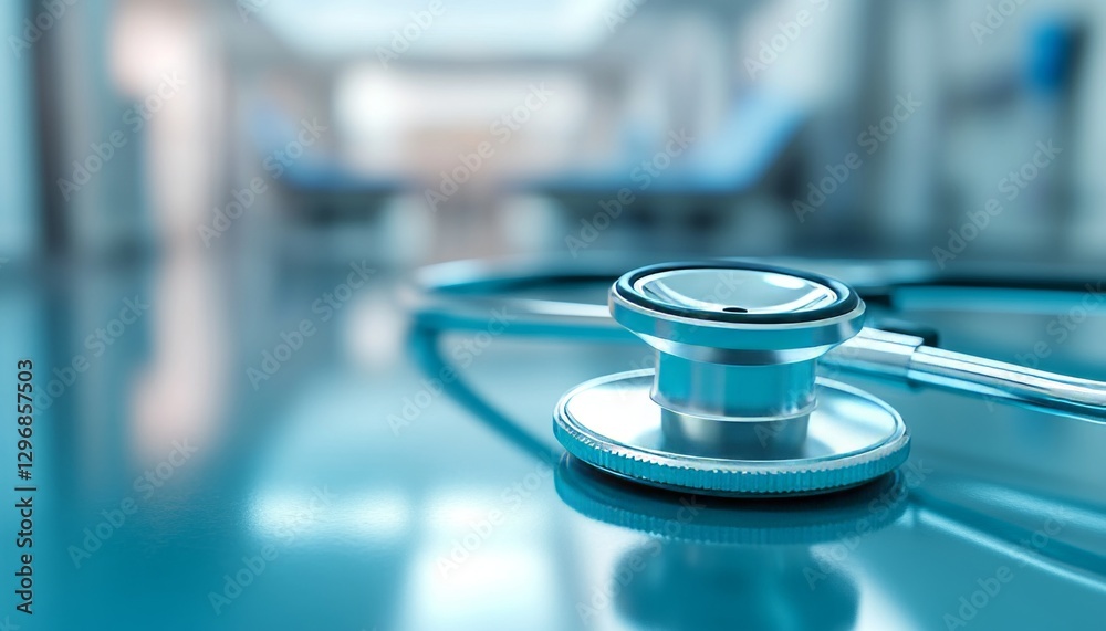 Close up of stethoscope on table in medical clinic with blurred background for healthcare concept Close up of stethoscope on table in medical clinic with blurred background for healthcare concept