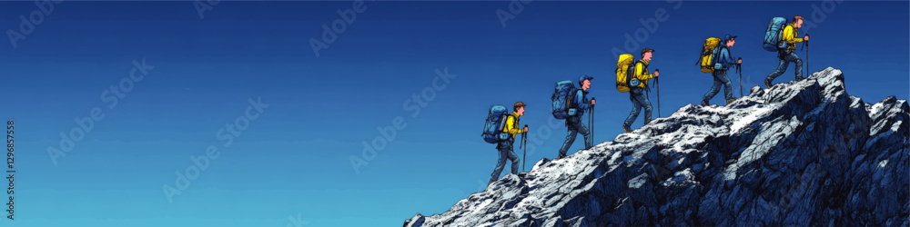 Vector Illustration of Hikers Climbing Rocky Mountain Peak with Backpacks, Exploring Nature Adventure, Teamwork Challenge, Blue Sky, Outdoor Trekking Vector Illustration of Hikers Climbing Rocky Mountain Peak with Backpacks, Exploring Nature Adventure, Teamwork Challenge, Blue Sky, Outdoor Trekking