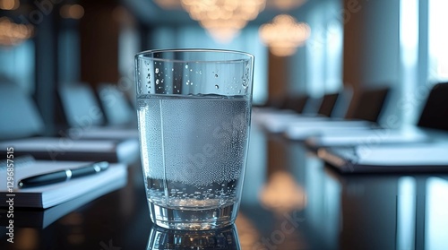 Glass of Water on a Table in a Conference Room