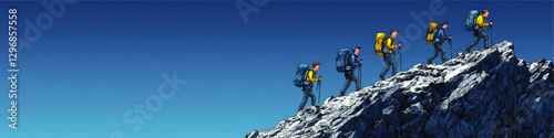 Vector Illustration of Hikers Climbing Rocky Mountain Peak with Backpacks, Exploring Nature Adventure, Teamwork Challenge, Blue Sky, Outdoor Trekking