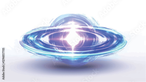 The image depicts an abstract, three-dimensional orb.  The orb is predominantly blue and white, with a central, bright white light source emanating outwards.  Concentric rings of light and a