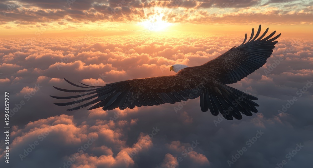 Obraz premium Majestic eagle soaring above clouds during vibrant sunset, showcasing wings spread wide in a breathtaking sky with colors blending beautifully