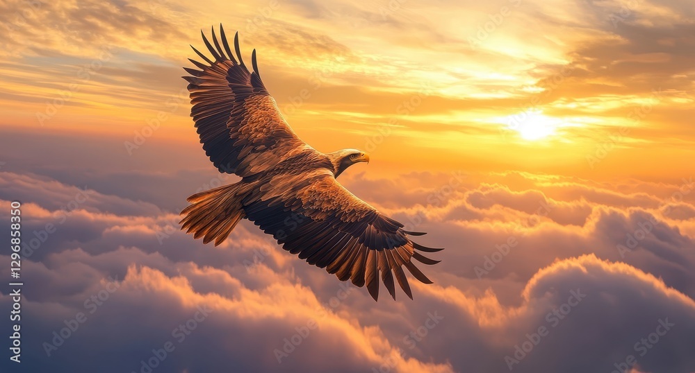 Obraz premium Majestic Eagle Soaring Above Dramatic Sunset Over Layers of Clouds in an Expansive Sky, Capturing Freedom and Natural Beauty