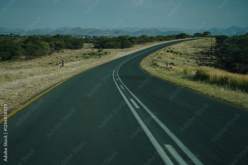 Obraz premium Asphalt road in Namibia, many trees along the sides of the road, mountains ahead