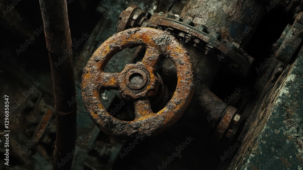An old rusty valve and pipe are covered with debris An old rusty valve and pipe are covered with debris